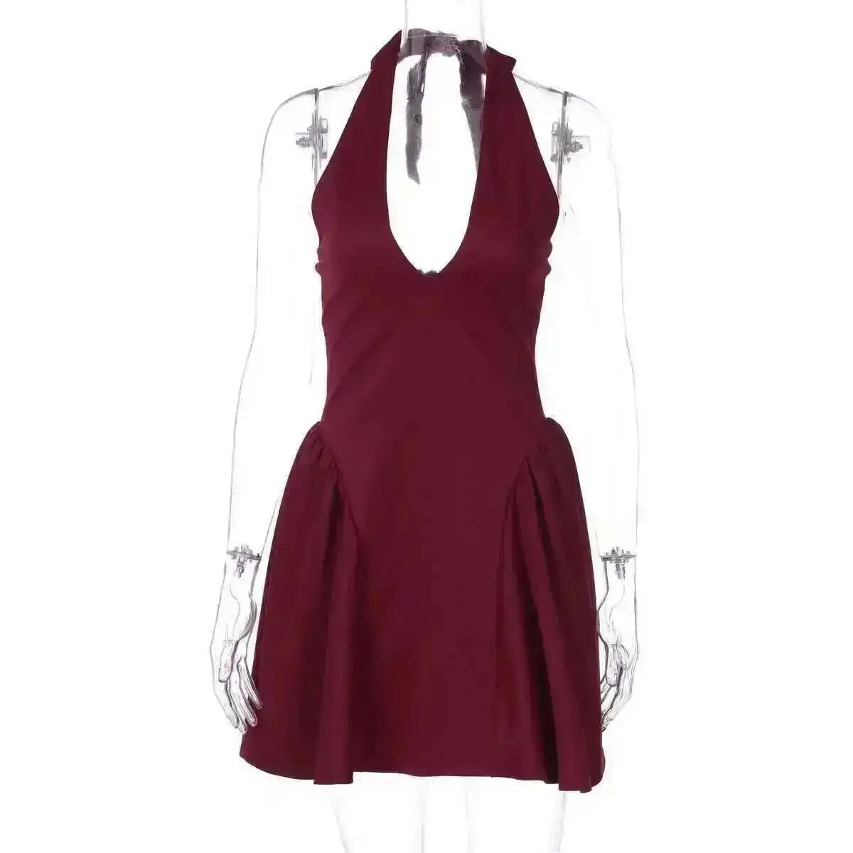 Robe plissée trapèze à taille cintrée, style Townlike, mini dos nu, col V, idéale pour l'été 2024 et les soirées sexy en boîte de nuit.