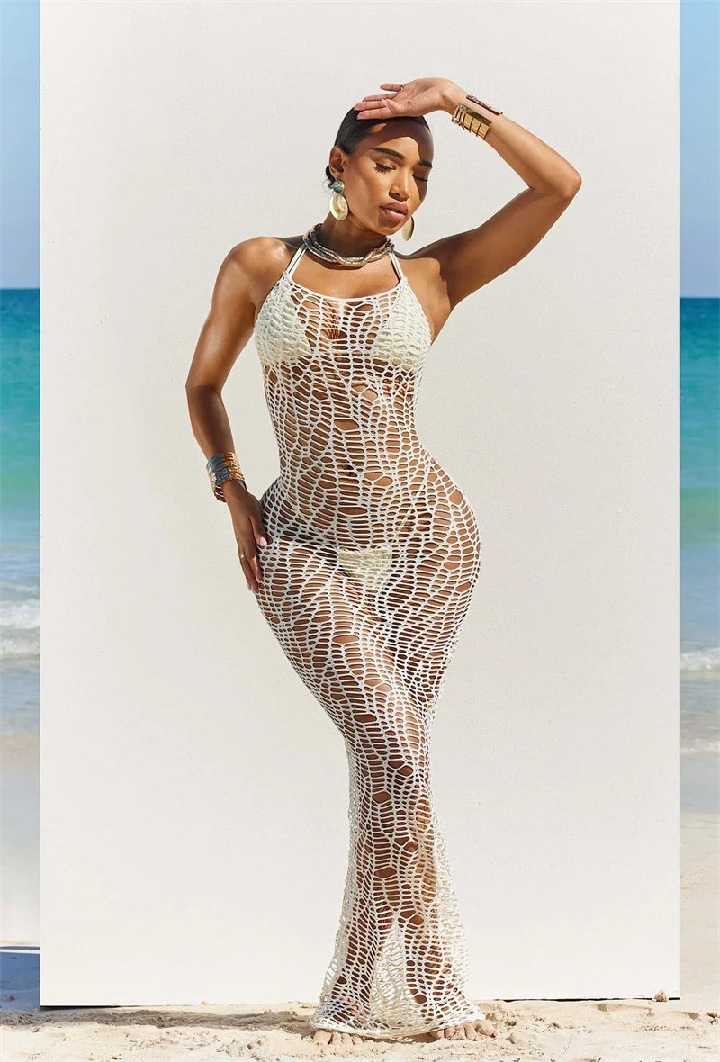 Women 3 Pieces Sexy Beach Bikini Set Backless Hollow Out Hole Knit Long Dress Cover Up+Lace Up Halter Bra Top+Underwear Swimsuit