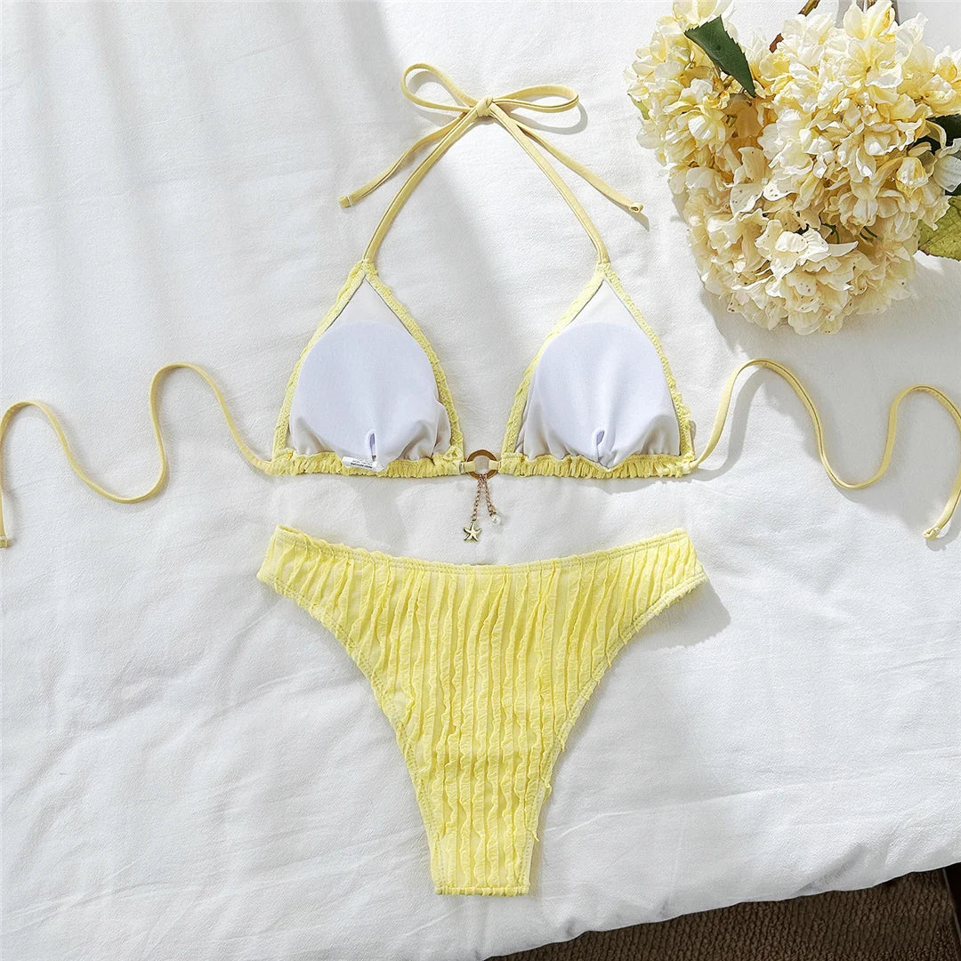 Wrinkled Halter Bikini Women Swimwear Female Swimsuit Two-pieces Bikini set Brazilian High Cut Bather Bathing Suit Swim V6209
