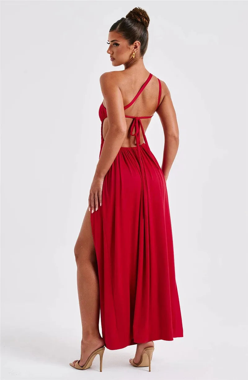 Robe maxi sexy Mozision à une épaule, col diagonal et dos nu, style peignoir, sans manches, fendue jusqu'à la cuisse.