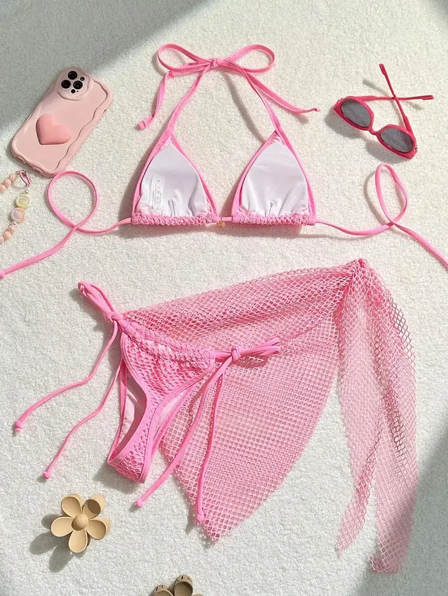 Swimwear Three-piece Beach Holiday Women's Bikini Shell Fishnet Skirt Three-piece Set