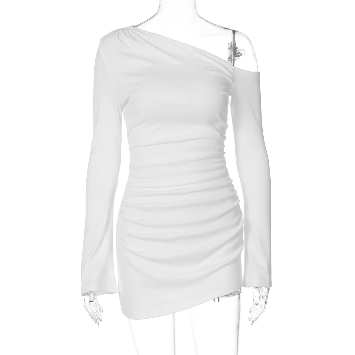 Robe mini Dulzura à épaules dénudées, manches longues, froncée et coupe slim asymétrique, unie, sexy et décontractée, idéale pour les soirées et les clubs en automne.