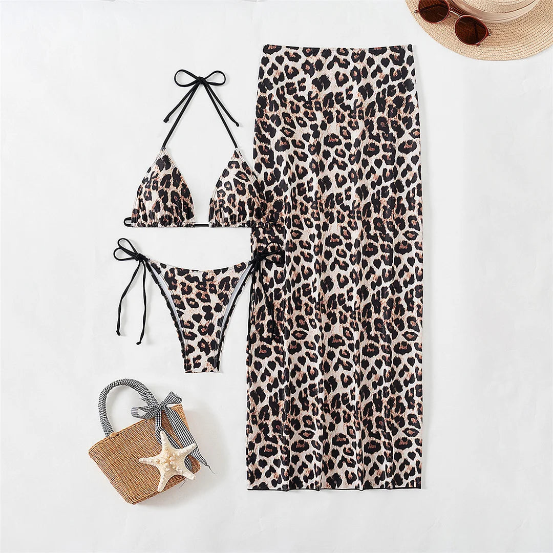 XS - L Leopard Halter Bikini Women Swimwear Female Swimsuit Three-pieces Bikini set With Long Skirt Bather Bathing Suit V6160