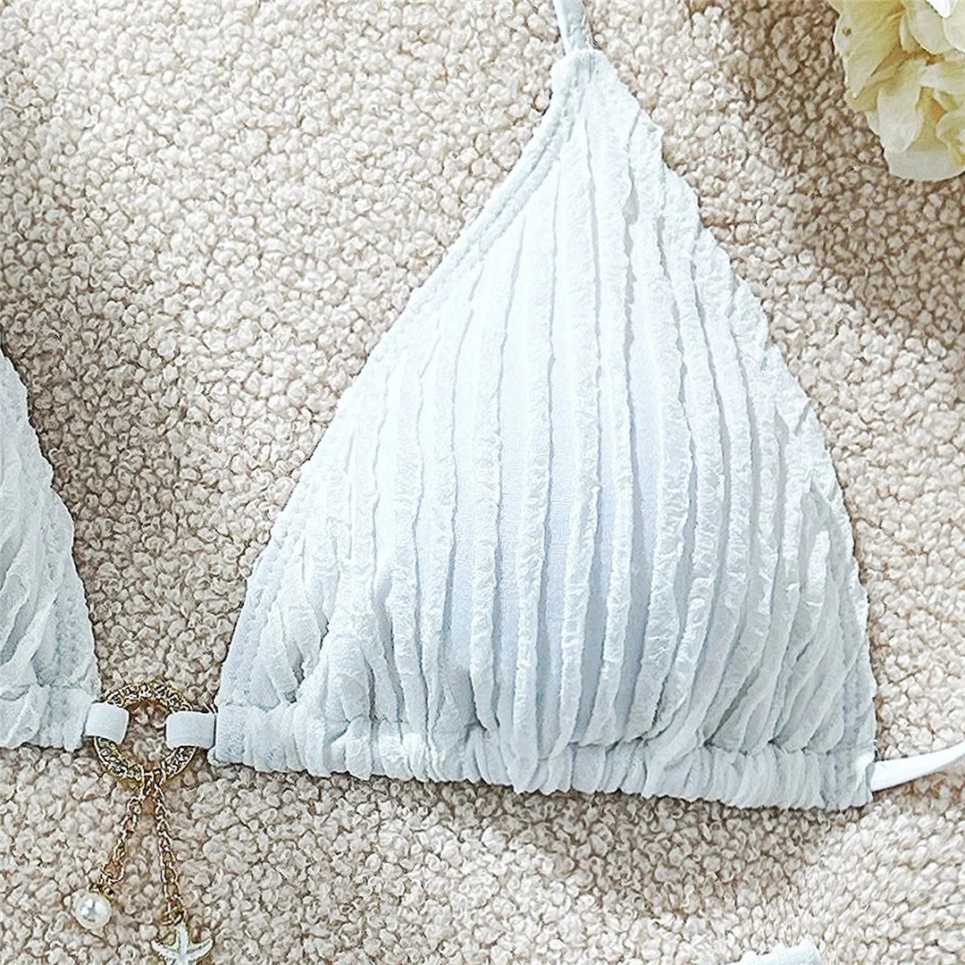 Wrinkled Halter Bikini Women Swimwear Female Swimsuit Two-pieces Bikini set Brazilian High Cut Bather Bathing Suit Swim V6209