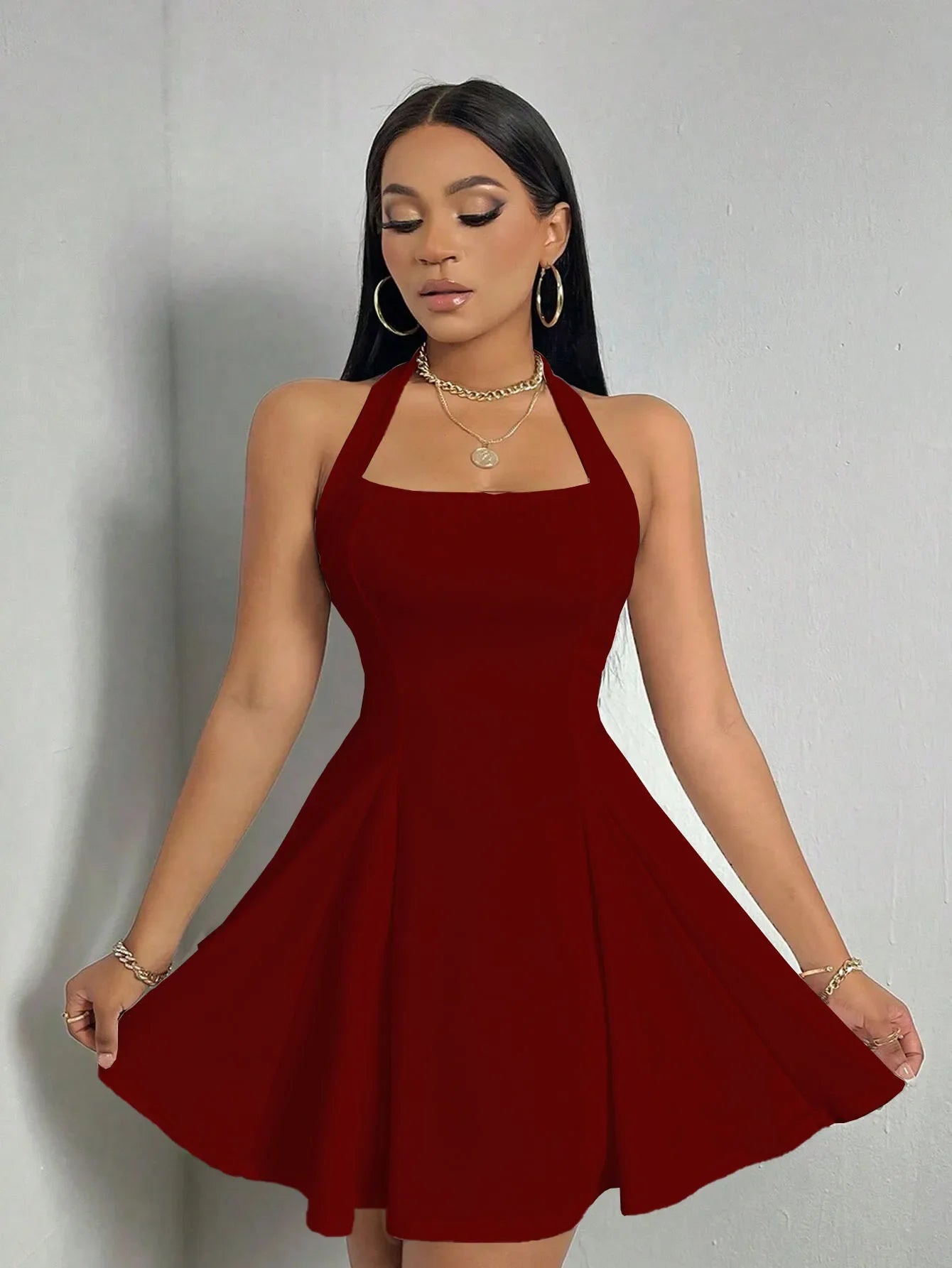 Robe Y2K sans manches, sexy et dos nu, couleur unie, col montant, coupe trapèze, grande robe évasée, mode été femme, robe cintrée à la taille