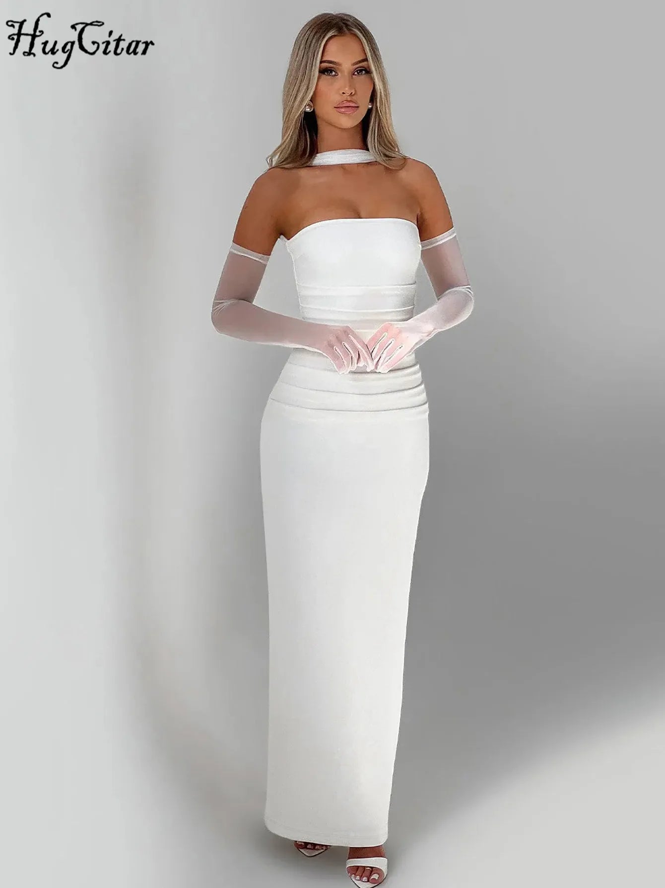 Écharpe élégante Hugcitar, sans bretelles, gants en maille unie, robe de bal maxi moulante sexy, tenues mode Y2K pour femme, mariage, fête, anniversaire