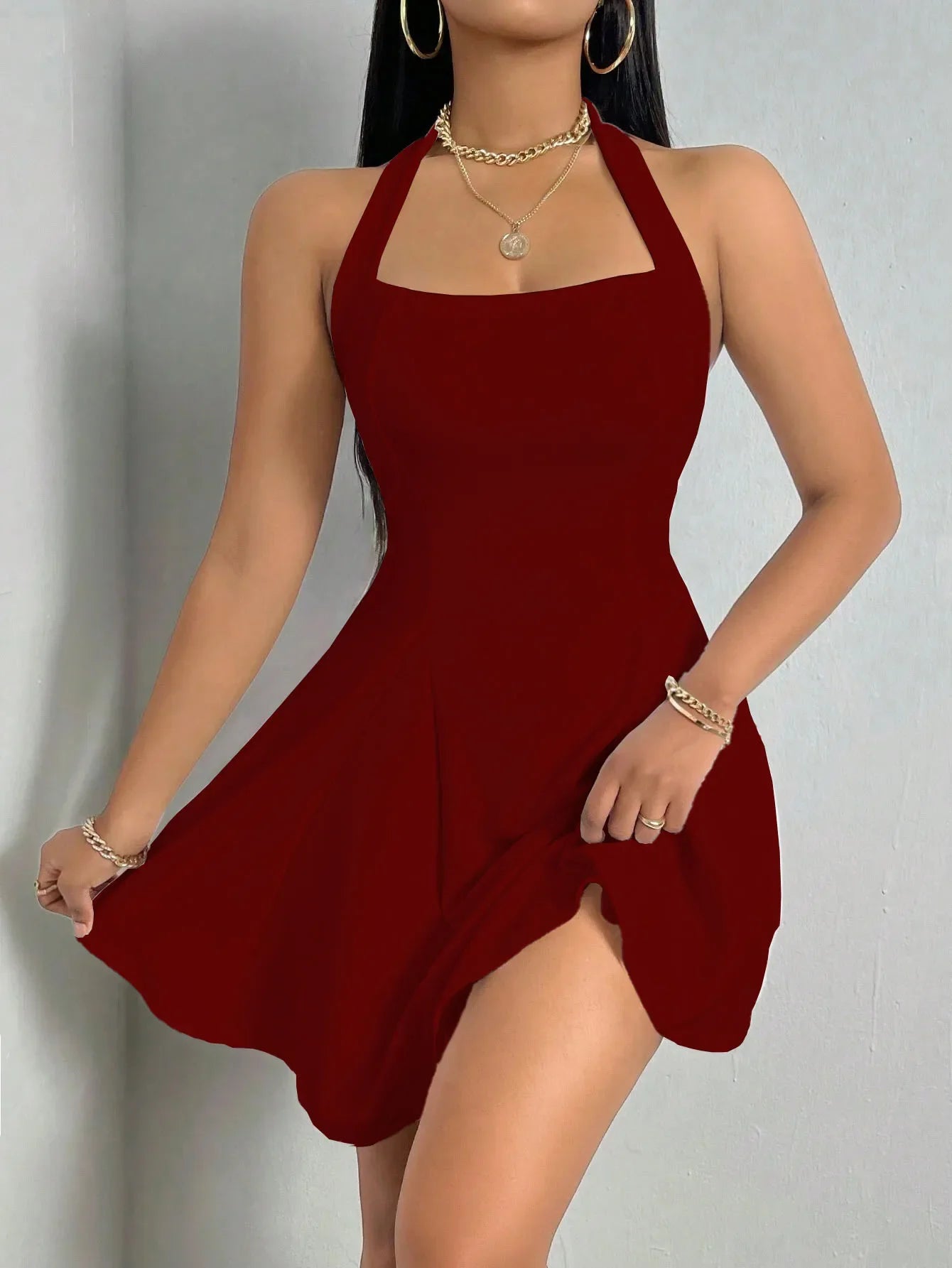 Robe Y2K sans manches, sexy et dos nu, couleur unie, col montant, coupe trapèze, grande robe évasée, mode été femme, robe cintrée à la taille