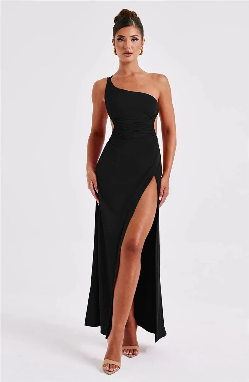 Robe maxi sexy Mozision à une épaule, col diagonal et dos nu, style peignoir, sans manches, fendue jusqu'à la cuisse.