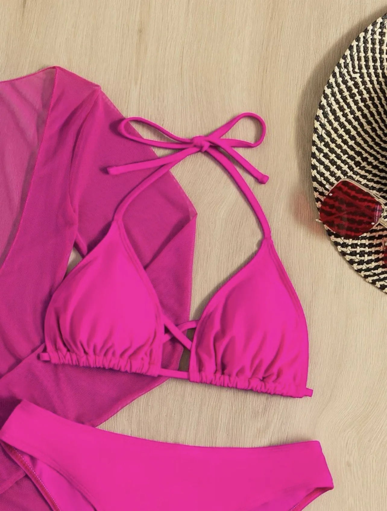 Long Sleeves Dress Bikini Set 2025 Women Neon Green Lace Up 3 Pieces Swimsuit Brazilian Bathing Suit Pleate Cover Up Swimwear