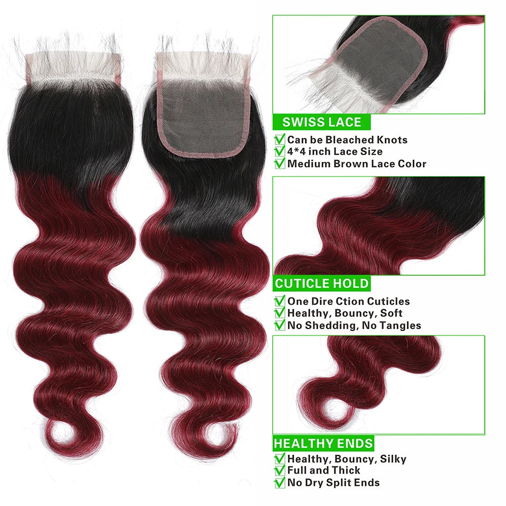 1B99J Body Wave Bundles With Closure Brazilian Human Hair Weave Bundles With 4x4 Lace Closure Hair Extension 3/4 Bundles Remy