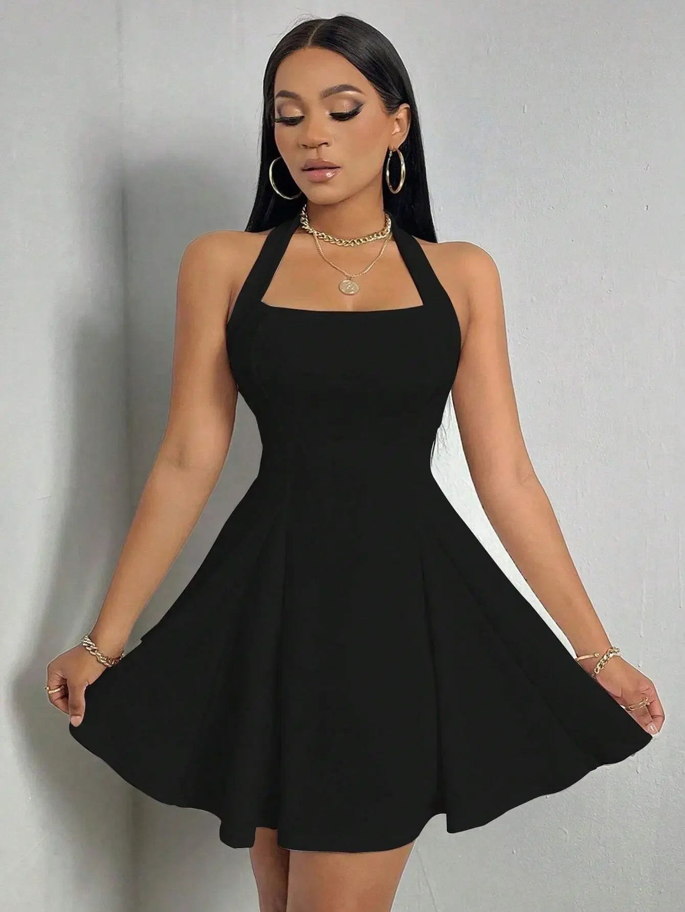 Robe Y2K sans manches, sexy et dos nu, couleur unie, col montant, coupe trapèze, grande robe évasée, mode été femme, robe cintrée à la taille
