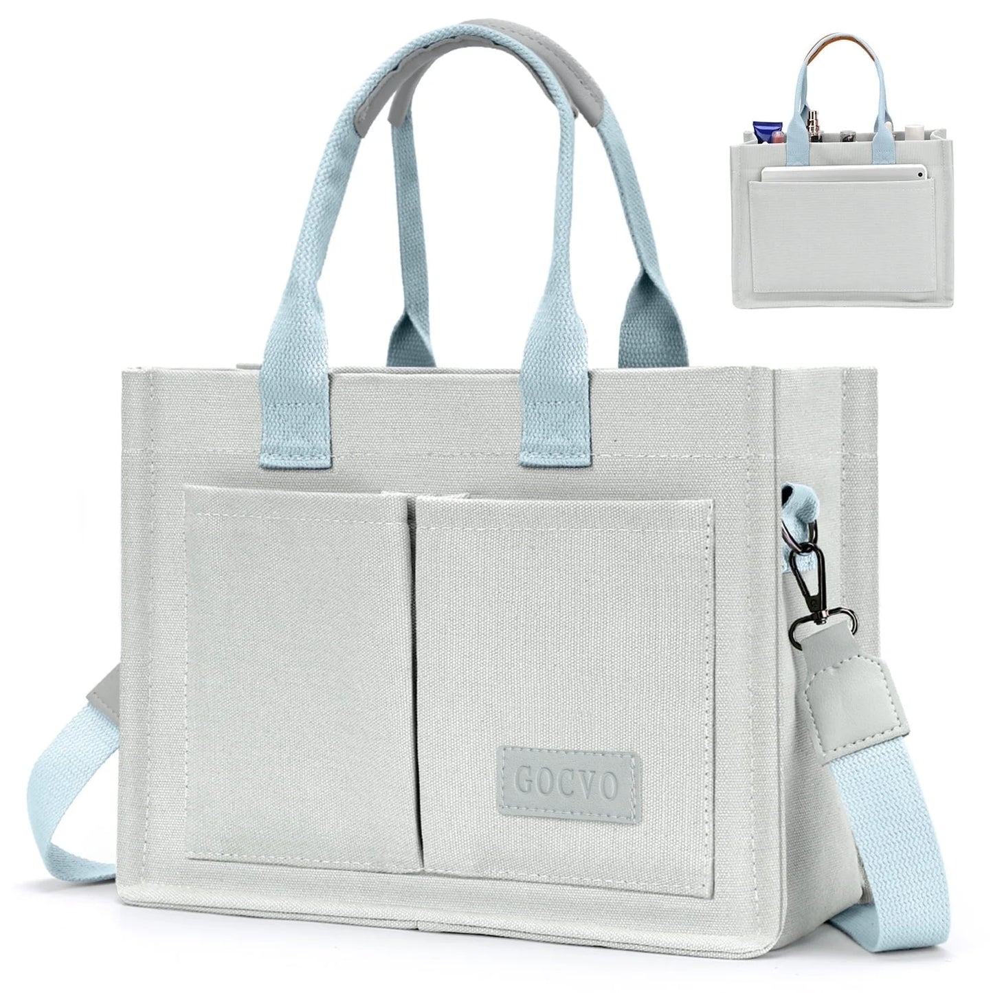 Gocvo Canvas Tote Bag for Women, Large Multi-Pocket Shoulder Handbag, Crossbody Messenger Bag, Khaki Plaid