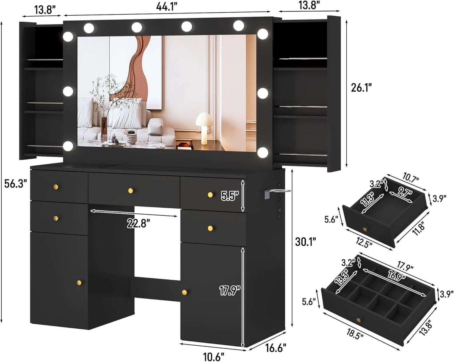 Black Vanity Desk with Large Lighted Mirror & Power Outlet, Makeup Vanity Table with Glass Top & Drawers, Sliding Storage, 44.1" Large Makeup Vanity Table for Women Girls, Black