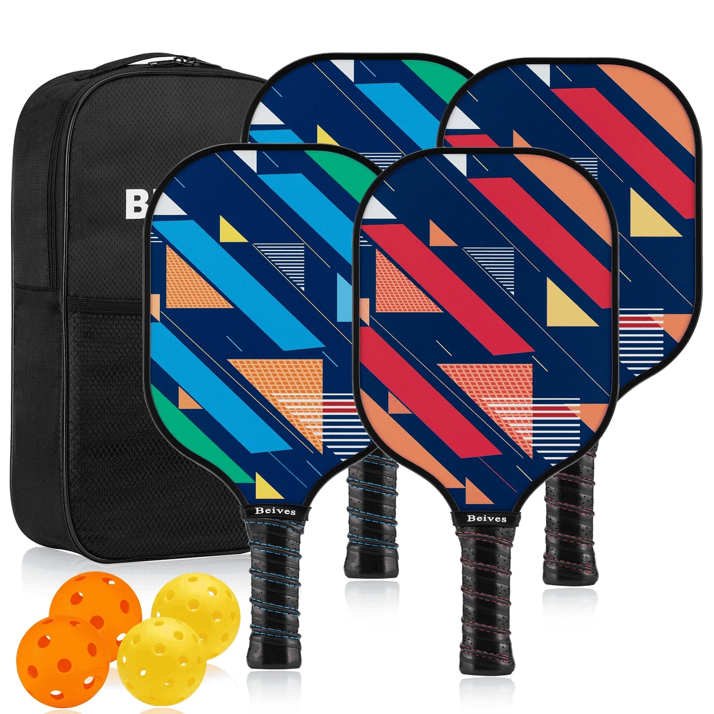 BEIVES Pickleball Paddles Set of 4 with 4 Balls & Carry Bag - Lightweight 7.9Oz Fiberglass Racket, Non-Slip Comfort Grip, for Men & Women