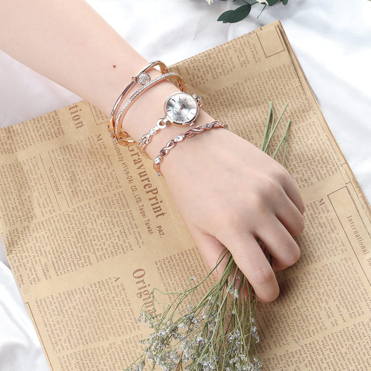 Clastyle Rose Gold Watch and Bracelets Set with 3 Bangle Elegant Mothers Day Gift for Momdiamond Women Bracelet Watch Set Stainless Steel Strap Ladies Wrist Watches