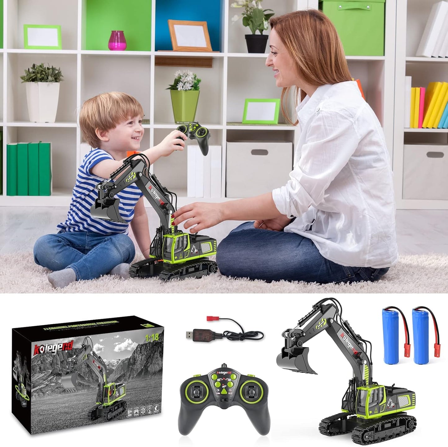 Kolegend Remote Control Excavator Toy 16 Inch, 11 Channel RC Construction Vehicles Hydraulic Haulers Digger Toys Gift for 6 7 8 9 10 Years Old Kids Boys