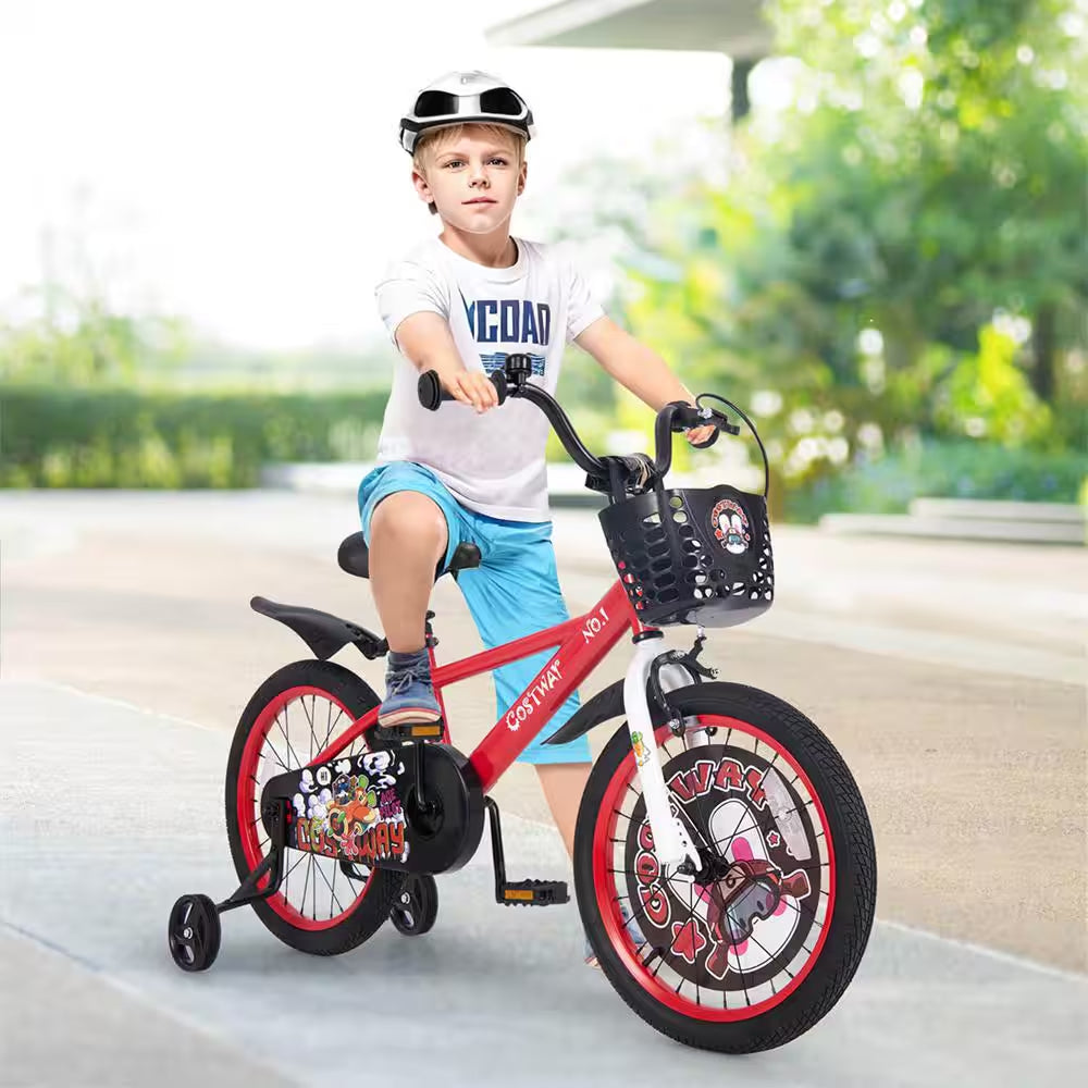 18 In. Kid'S Bike for 4-Years to 8-Years Old with Height-Adjustable Handlebar and Saddle Handbrake Red