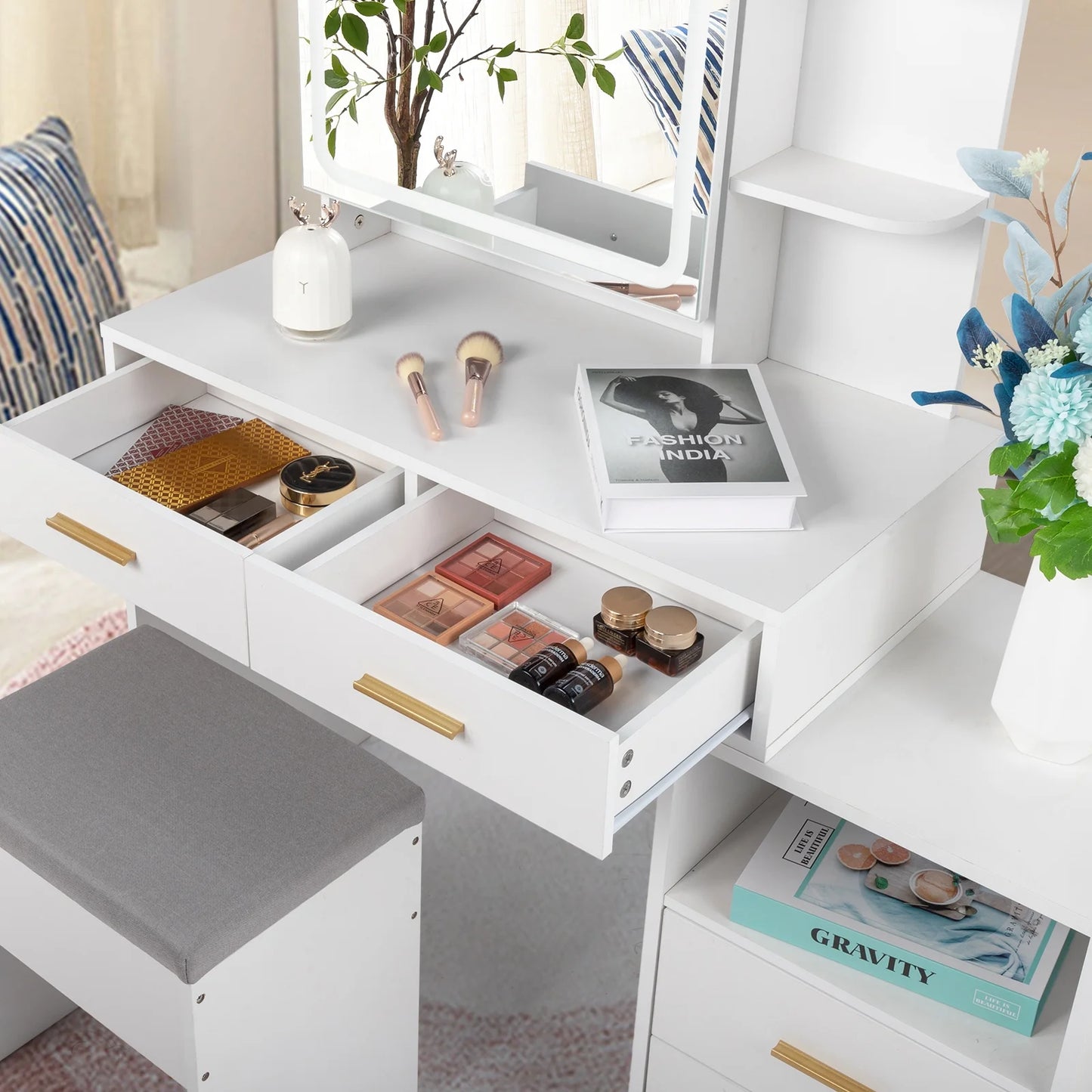 Lighted Makeup Vanity Table Set, Dressing Table with Sliding Mirror, Vanity Desk , White