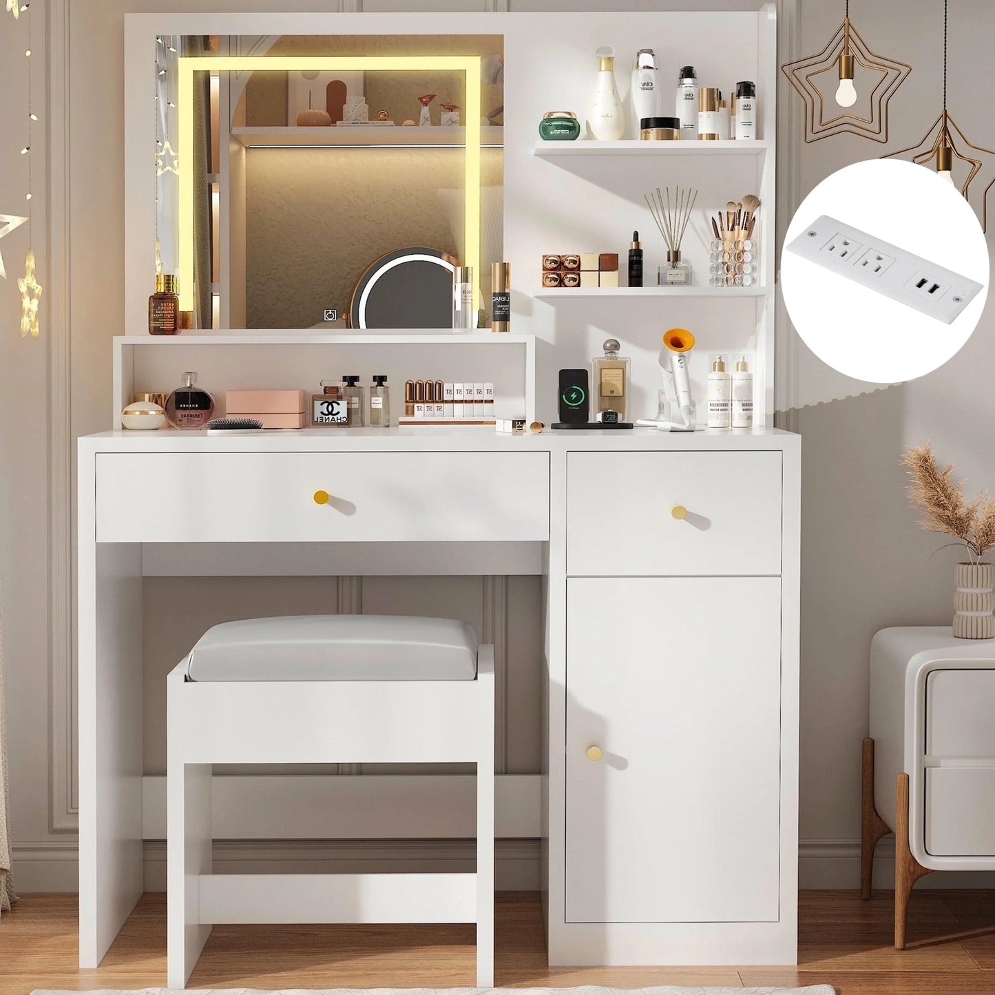 White Vanity Desk Set with LED Light Mirror & Power Outlet, Makeup Table with 3 Shelves & 2 Drawers & 3 Level Adjustable Cabinet & Makeup Vanity Stool for Women, Girls(White-37")