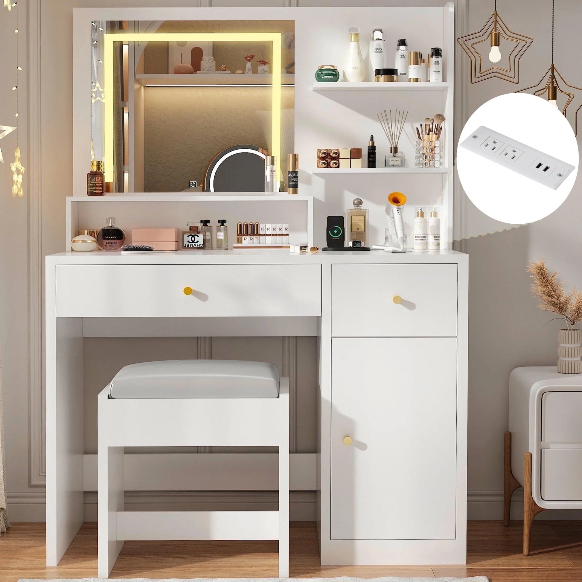 White Vanity Desk Set with LED Light Mirror & Power Outlet, Makeup Table with 3 Shelves & 2 Drawers & 3 Level Adjustable Cabinet & Makeup Vanity Stool for Women, Girls(White-37")