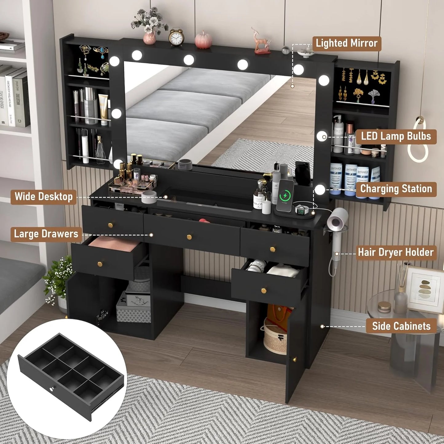 Black Vanity Desk with Large Lighted Mirror & Power Outlet, Makeup Vanity Table with Glass Top & Drawers, Sliding Storage, 44.1" Large Makeup Vanity Table for Women Girls, Black