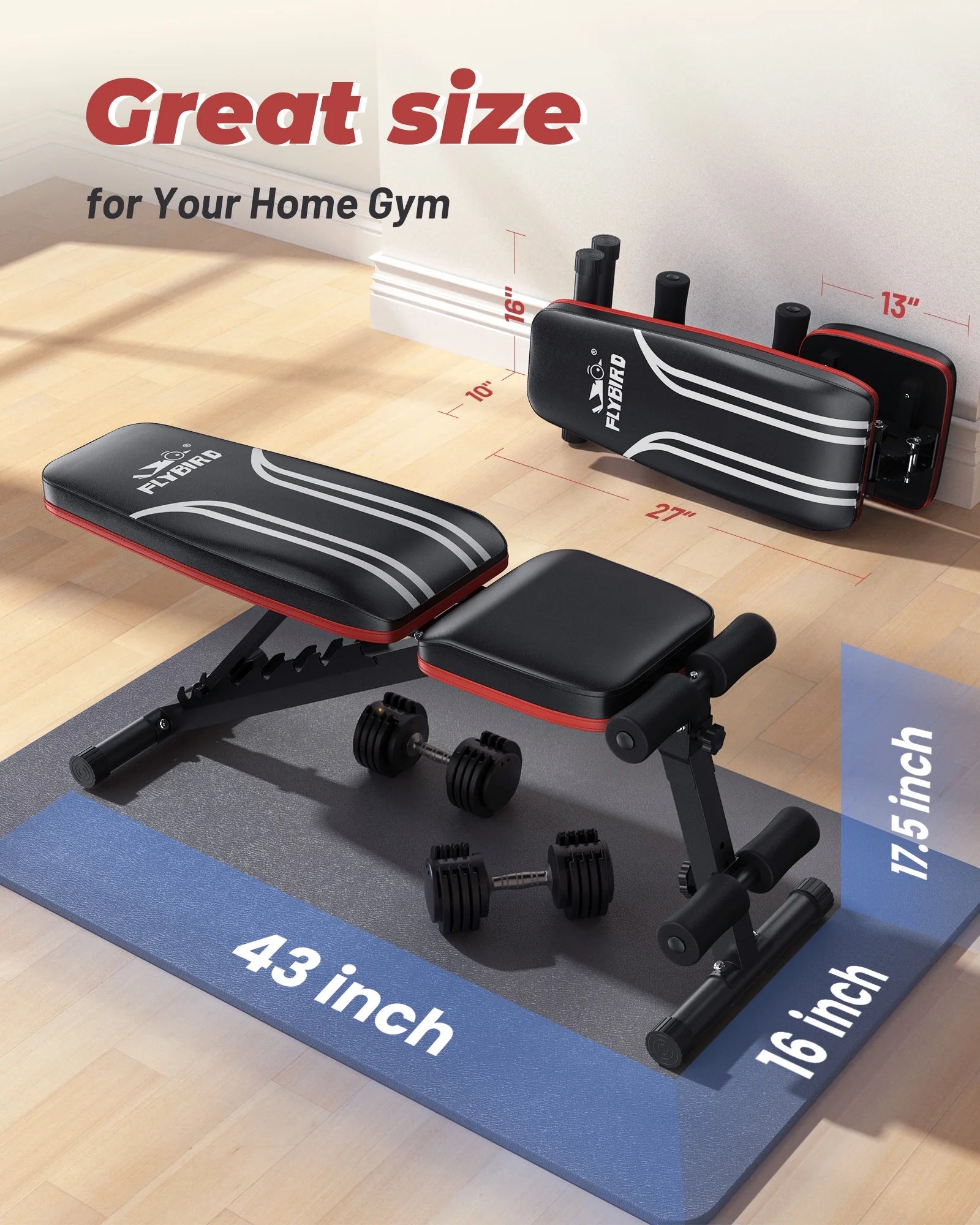 Flybird Adjustable Folding Weight Bench for Home Gym, Includes Resistance Bands