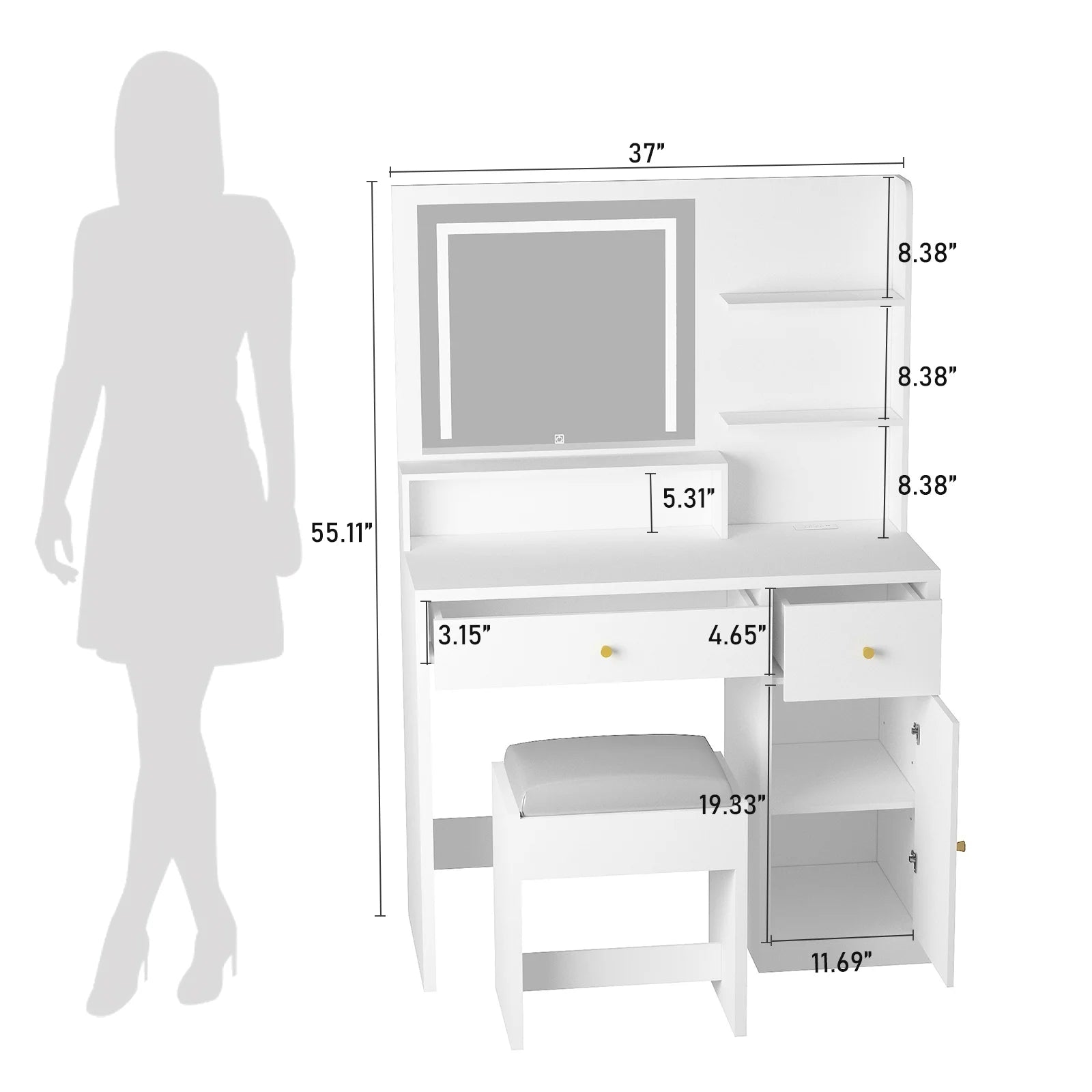White Vanity Desk Set with LED Light Mirror & Power Outlet, Makeup Table with 3 Shelves & 2 Drawers & 3 Level Adjustable Cabinet & Makeup Vanity Stool for Women, Girls(White-37")