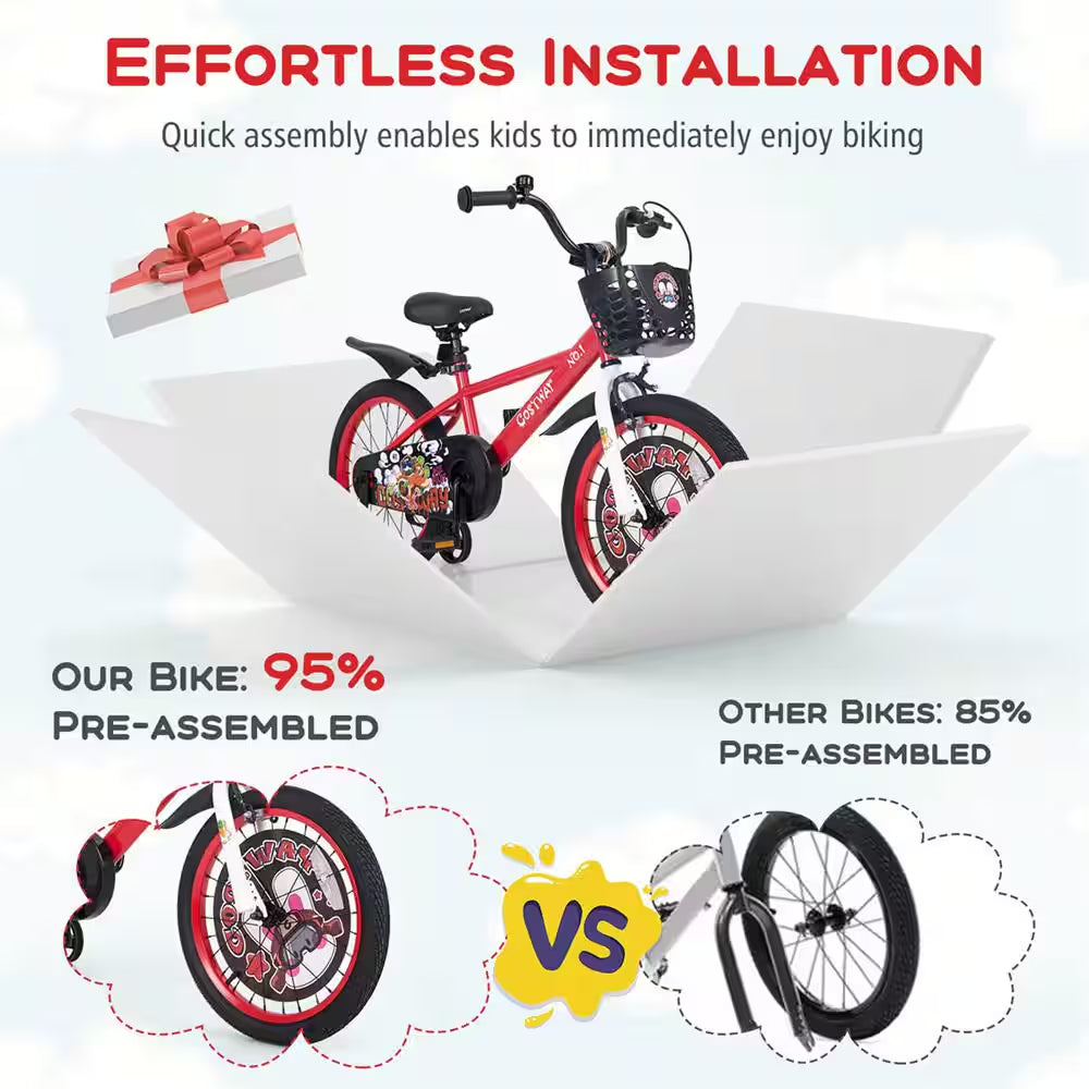 18 In. Kid'S Bike for 4-Years to 8-Years Old with Height-Adjustable Handlebar and Saddle Handbrake Red