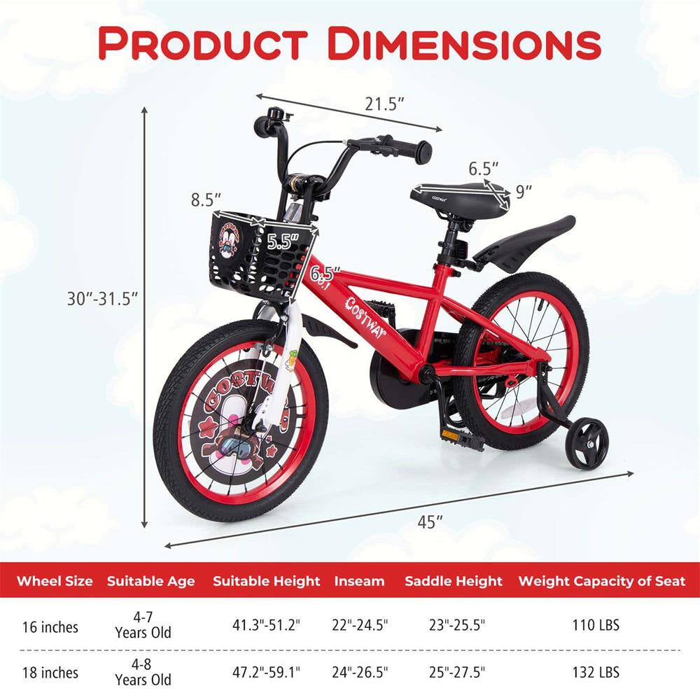 16 In. Kid'S Bike for 4-Years to 7-Years Old with Height-Adjustable Handlebar and Saddle Handbrake Red