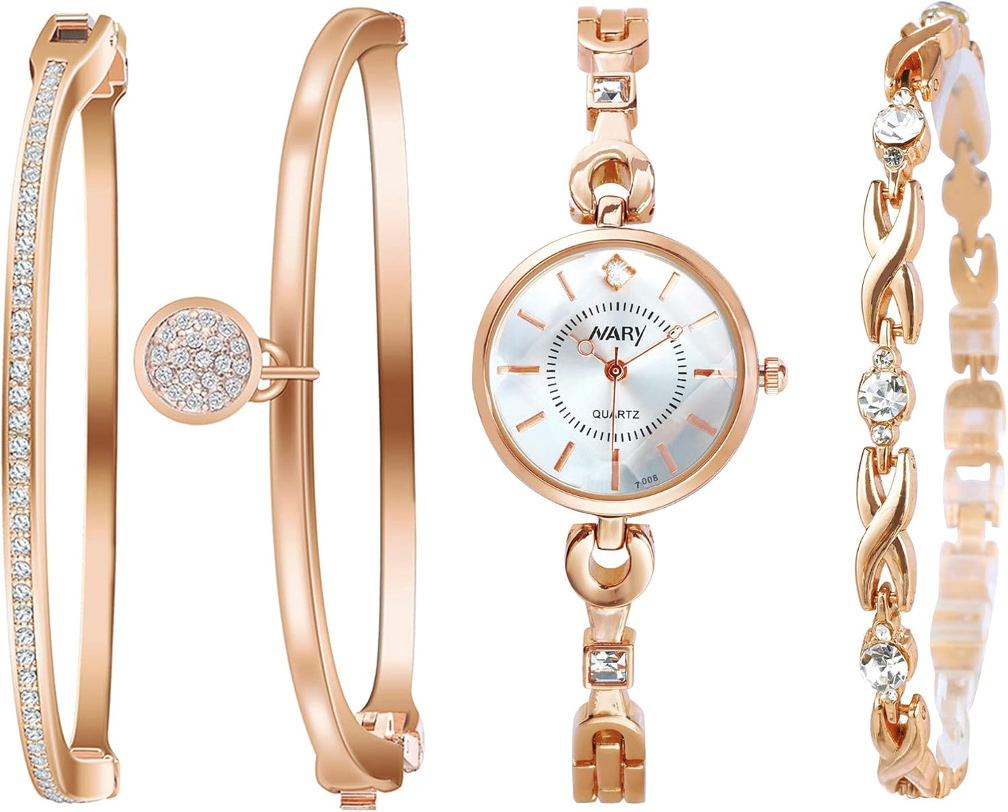 Clastyle Rose Gold Watch and Bracelets Set with 3 Bangle Elegant Mothers Day Gift for Momdiamond Women Bracelet Watch Set Stainless Steel Strap Ladies Wrist Watches
