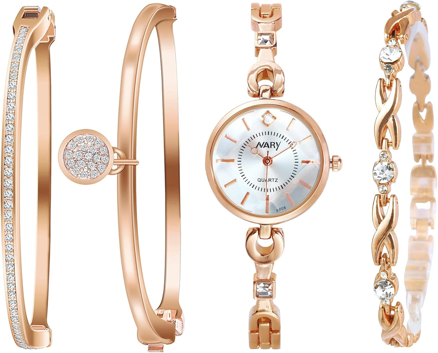 Clastyle Rose Gold Watch and Bracelets Set with 3 Bangle Elegant Mothers Day Gift for Momdiamond Women Bracelet Watch Set Stainless Steel Strap Ladies Wrist Watches