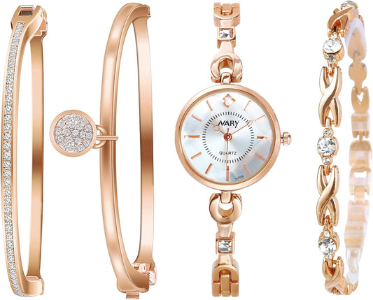 Clastyle Rose Gold Watch and Bracelets Set with 3 Bangle Elegant Mothers Day Gift for Momdiamond Women Bracelet Watch Set Stainless Steel Strap Ladies Wrist Watches