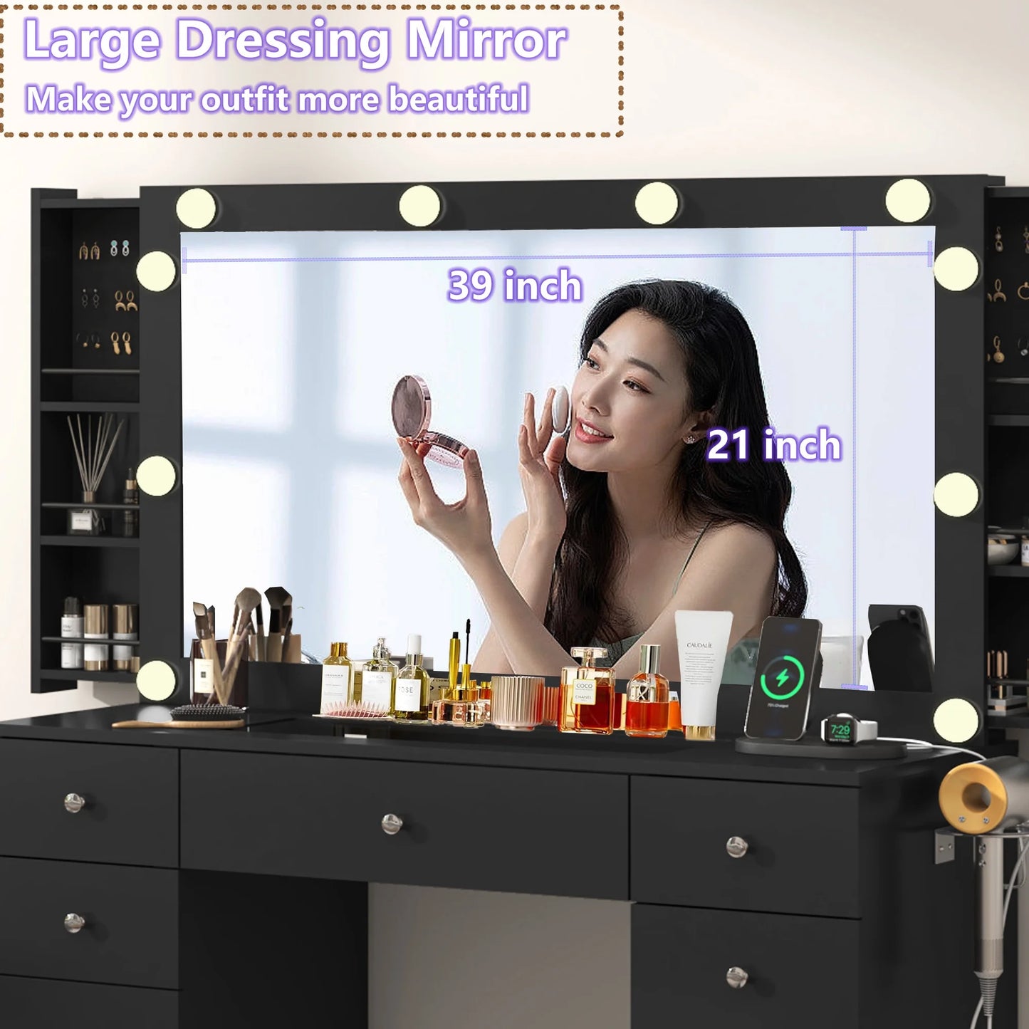 Black Vanity Desk with Large Lighted Mirror & Power Outlet, Makeup Vanity Table with Glass Top & Drawers, Sliding Storage, 44.1" Large Makeup Vanity Table for Women Girls, Black