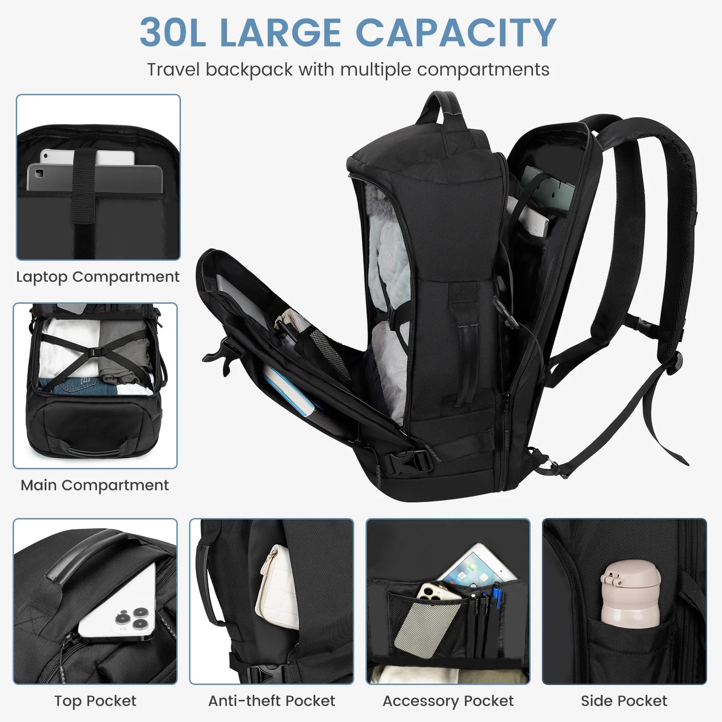 40L Travel Backpack - Flight Approved Carry-On Backpack Water-Resistant Lightweight Business Rucksack, Large Weekender Bag with Laptop Compartment Fits 17” Laptop