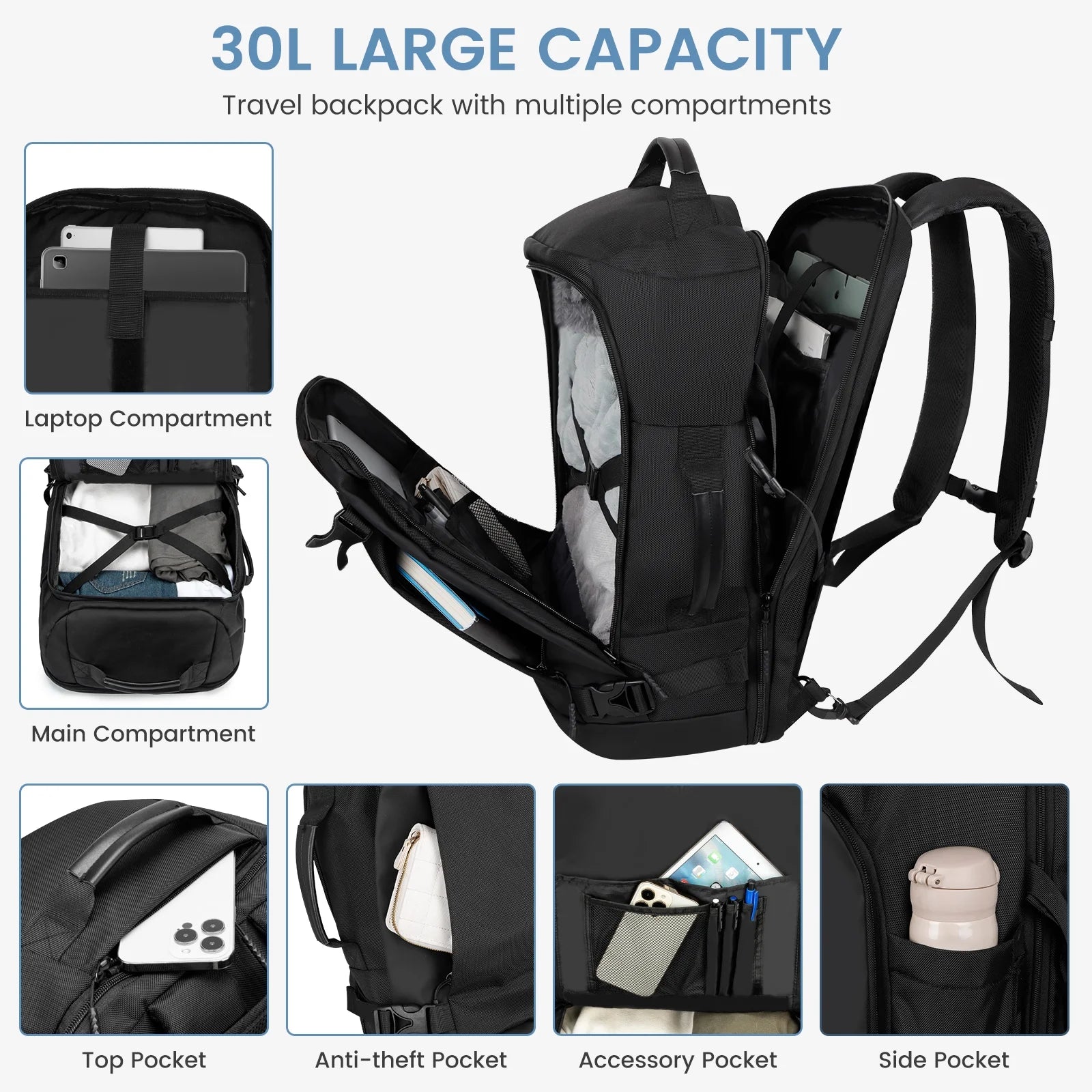 40L Travel Backpack - Flight Approved Carry-On Backpack Water-Resistant Lightweight Business Rucksack, Large Weekender Bag with Laptop Compartment Fits 17” Laptop