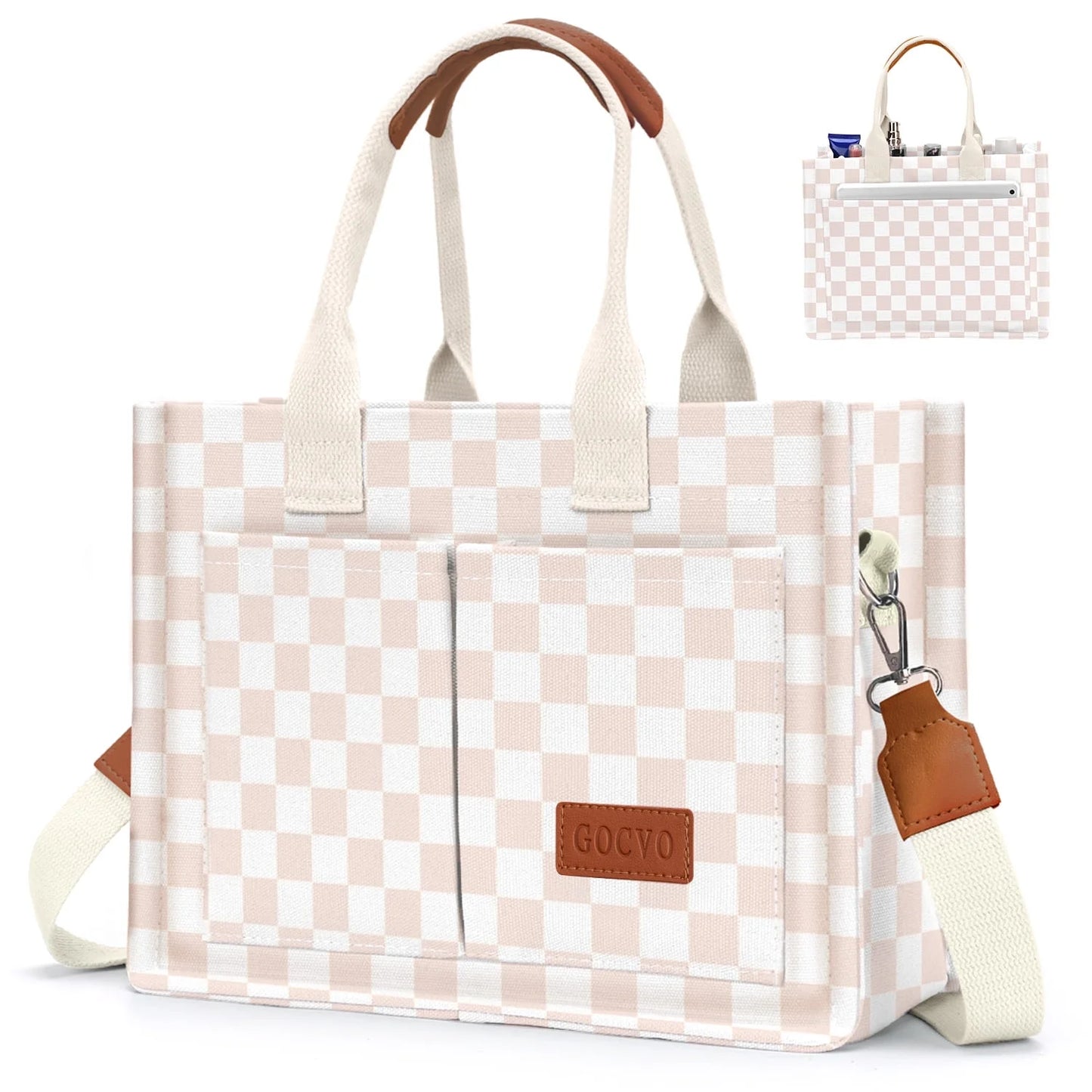 Gocvo Canvas Tote Bag for Women, Large Multi-Pocket Shoulder Handbag, Crossbody Messenger Bag, Khaki Plaid
