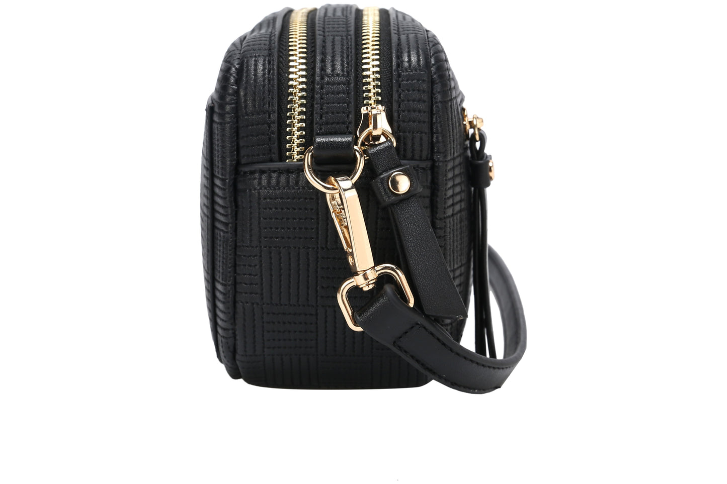 Dual Zipper Cross Body Shoulder Bag - PU Vegan Leather - Black Check