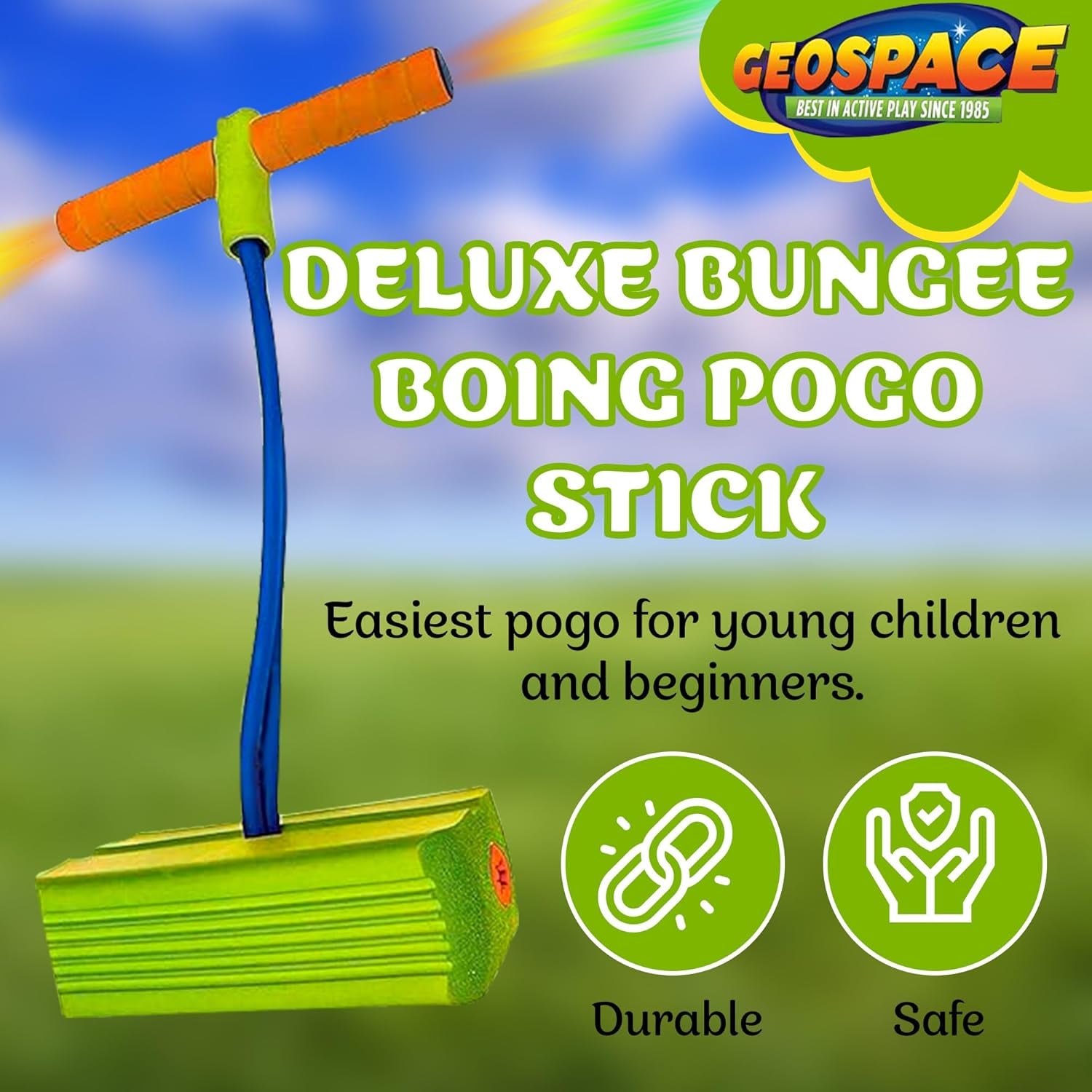 Geospace Jumparoo Deluxe LED Bungee Boing Foam Bouncing Toy - the Squeakiest, Easiest Pogo Ever! for Kids 3 Years & Up
