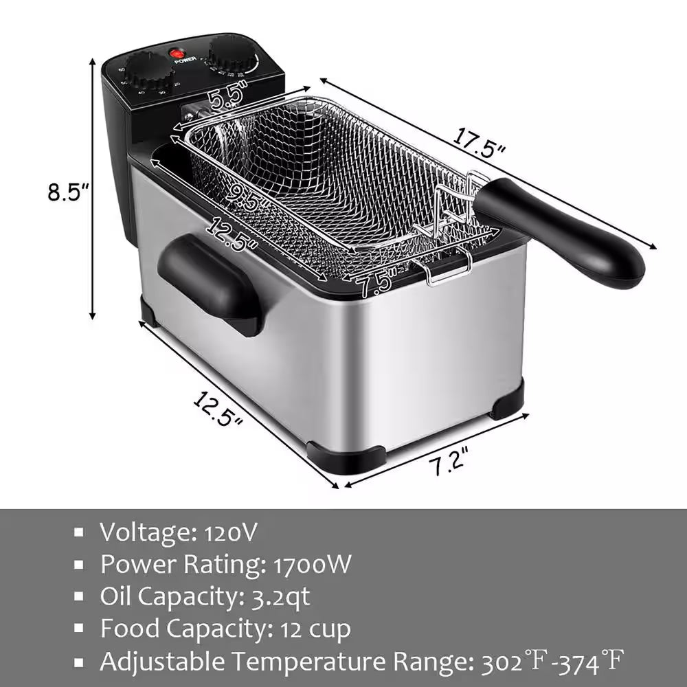 3.2 Qt. Electric Deep Fryer 1700-Watt Stainless Steel Timer Frying Basket