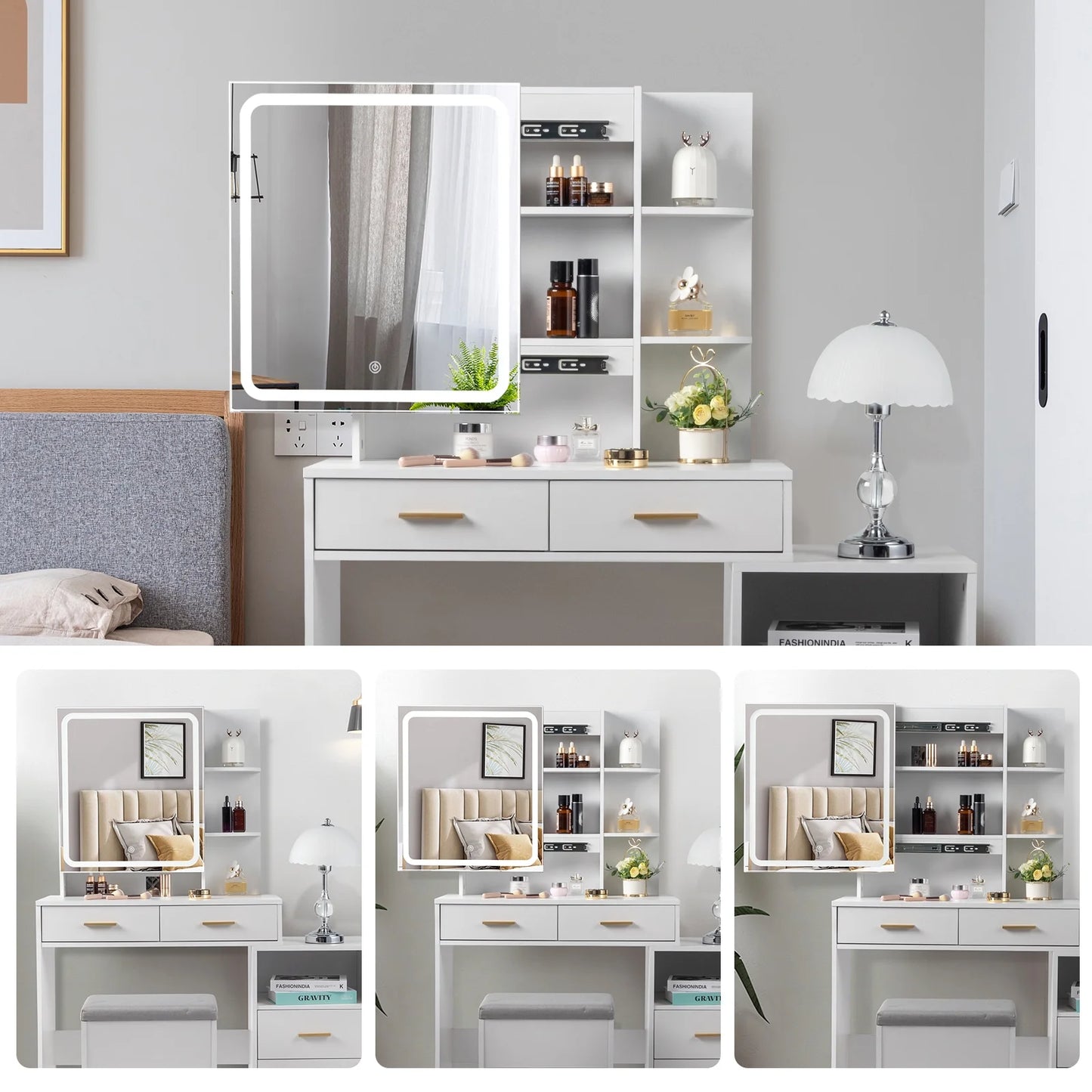Lighted Makeup Vanity Table Set, Dressing Table with Sliding Mirror, Vanity Desk , White