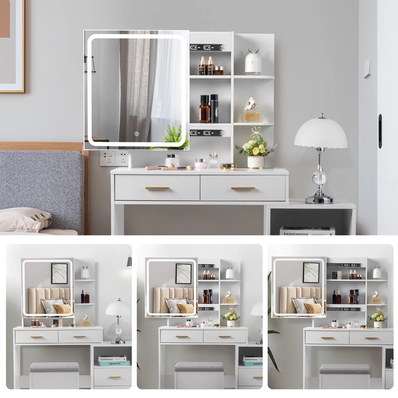 Lighted Makeup Vanity Table Set, Dressing Table with Sliding Mirror, Vanity Desk , White