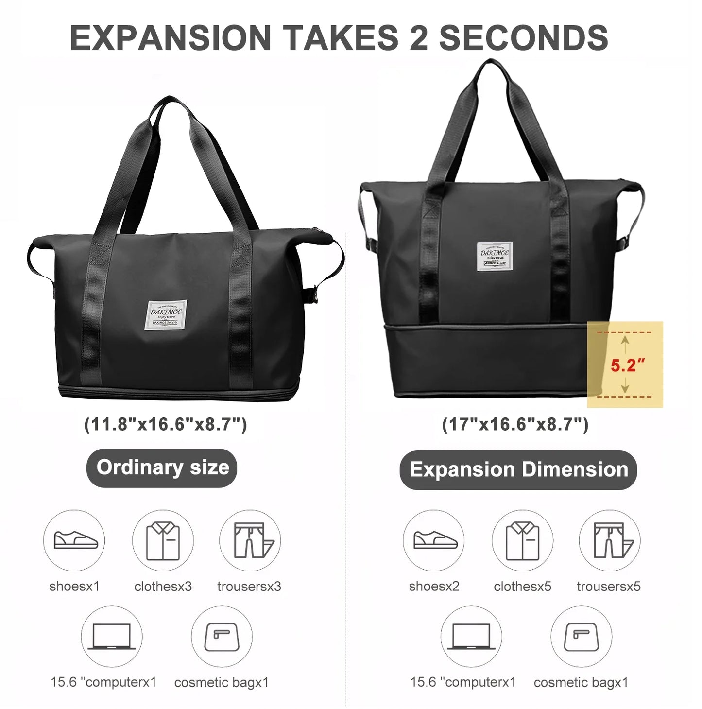 DAKIMOE Weekender Bags for Women, Travel Bag Carry on Gym Bag, Travel Duffle Bag with Wet Dry Pocket/Front Phone Pocket/Trolley Sleeve Pocket, Black