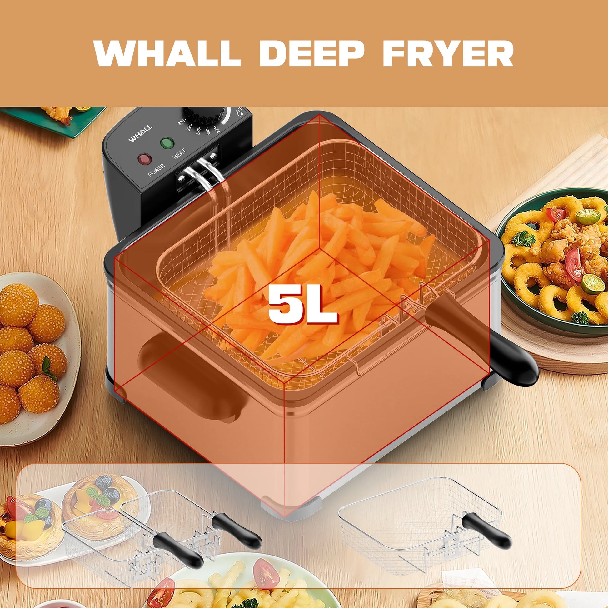 Deep Fryer with 3 Baskets, 5 L/21 Cups Oil Capacity, Temperature Control, Stainless Steel, 1700 W