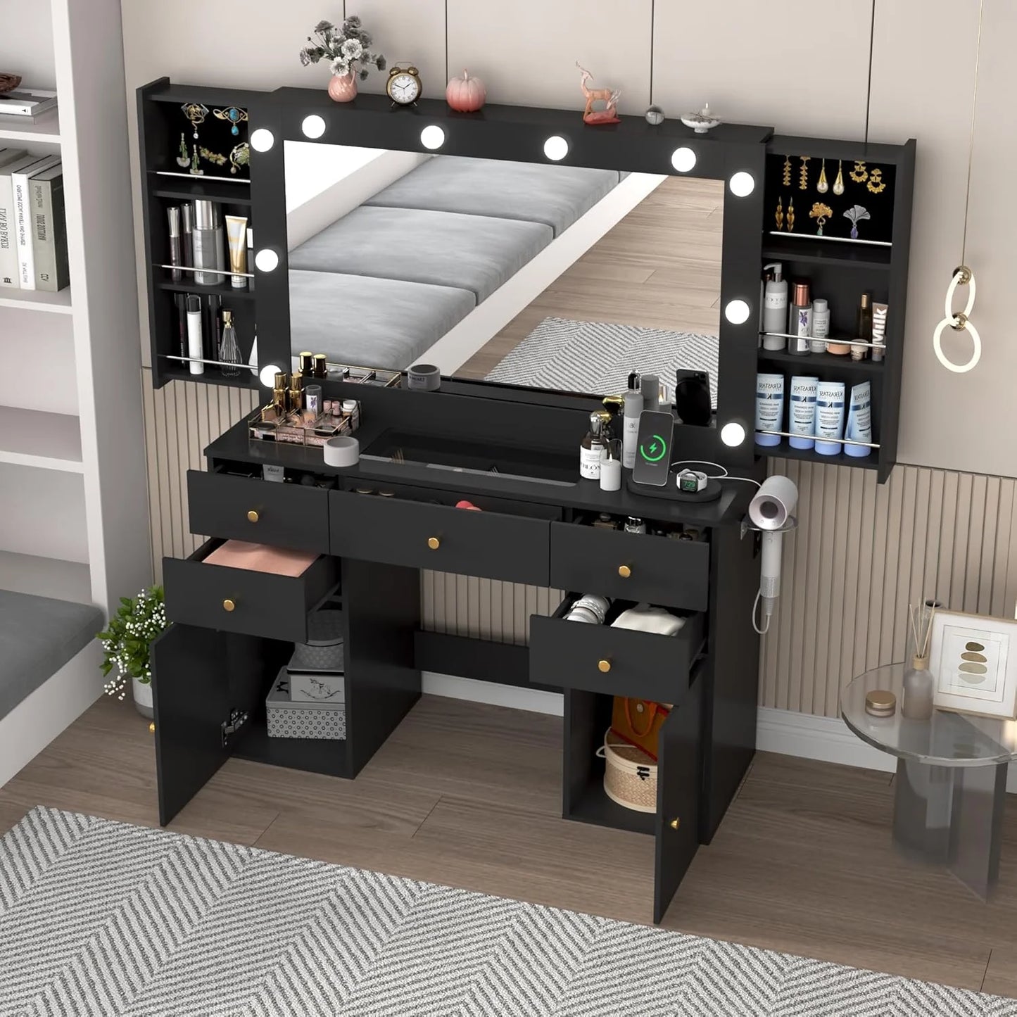 Black Vanity Desk with Large Lighted Mirror & Power Outlet, Makeup Vanity Table with Glass Top & Drawers, Sliding Storage, 44.1" Large Makeup Vanity Table for Women Girls, Black