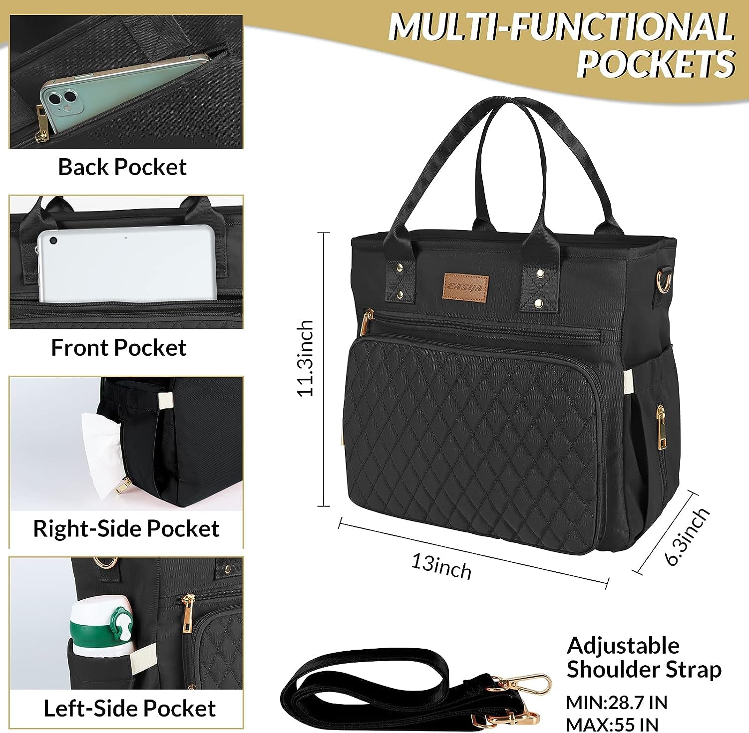 EASYA Large Insulated Lunch Bag for Work, Women'S Nylon Thermal Lunch Box, Leakproof Cooler Tote Bag with Storage Pocket (Black)