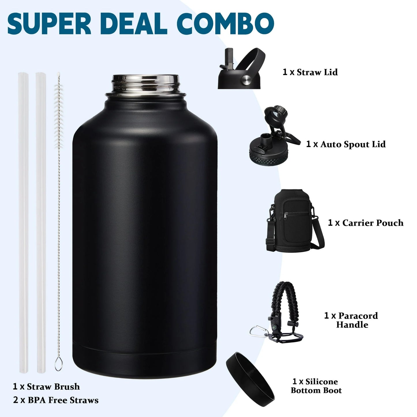 64 Oz Insulated Water Bottle with Straw & Auto Spout Lids,Paracord Handle,Strap Carrier & Protective Boot,Half Gallon Water Bottle,Wide Mouth Metal Canteen Thermo Flask,Leak-Proof Hydro Water Jug