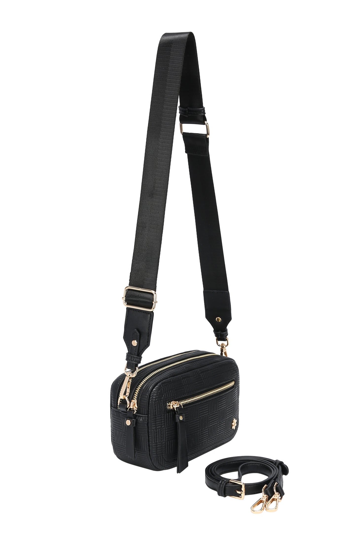 Dual Zipper Cross Body Shoulder Bag - PU Vegan Leather - Black Check