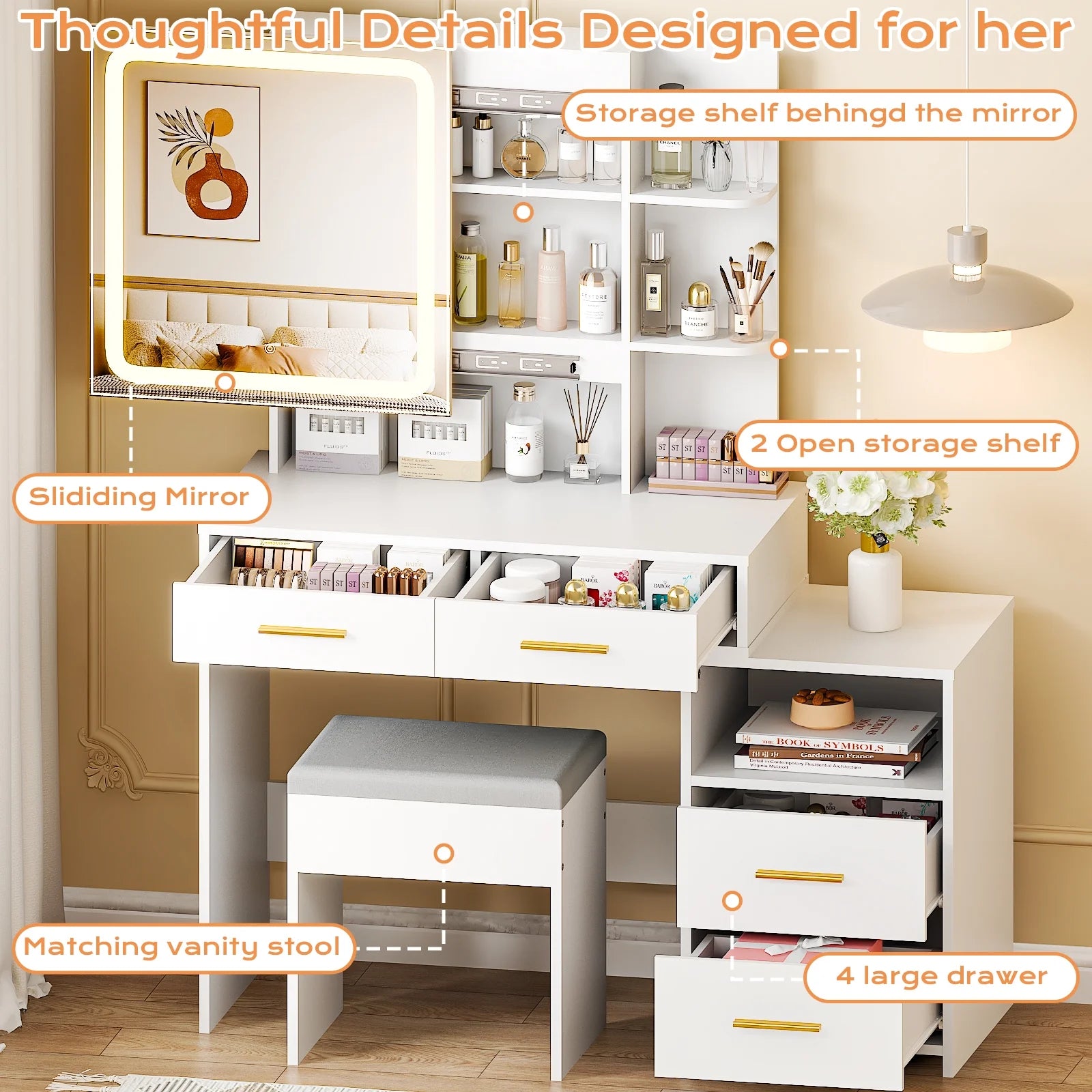 Lighted Makeup Vanity Table Set, Dressing Table with Sliding Mirror, Vanity Desk , White