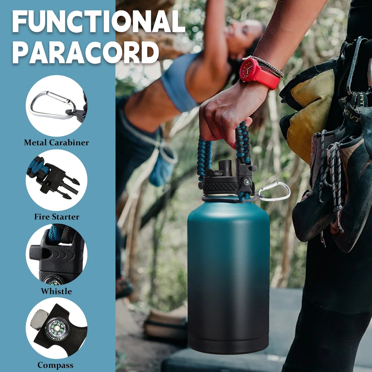 64 Oz Insulated Water Bottle with Straw & Auto Spout Lids,Paracord Handle,Strap Carrier & Protective Boot,Half Gallon Water Bottle,Wide Mouth Metal Canteen Thermo Flask,Leak-Proof Hydro Water Jug