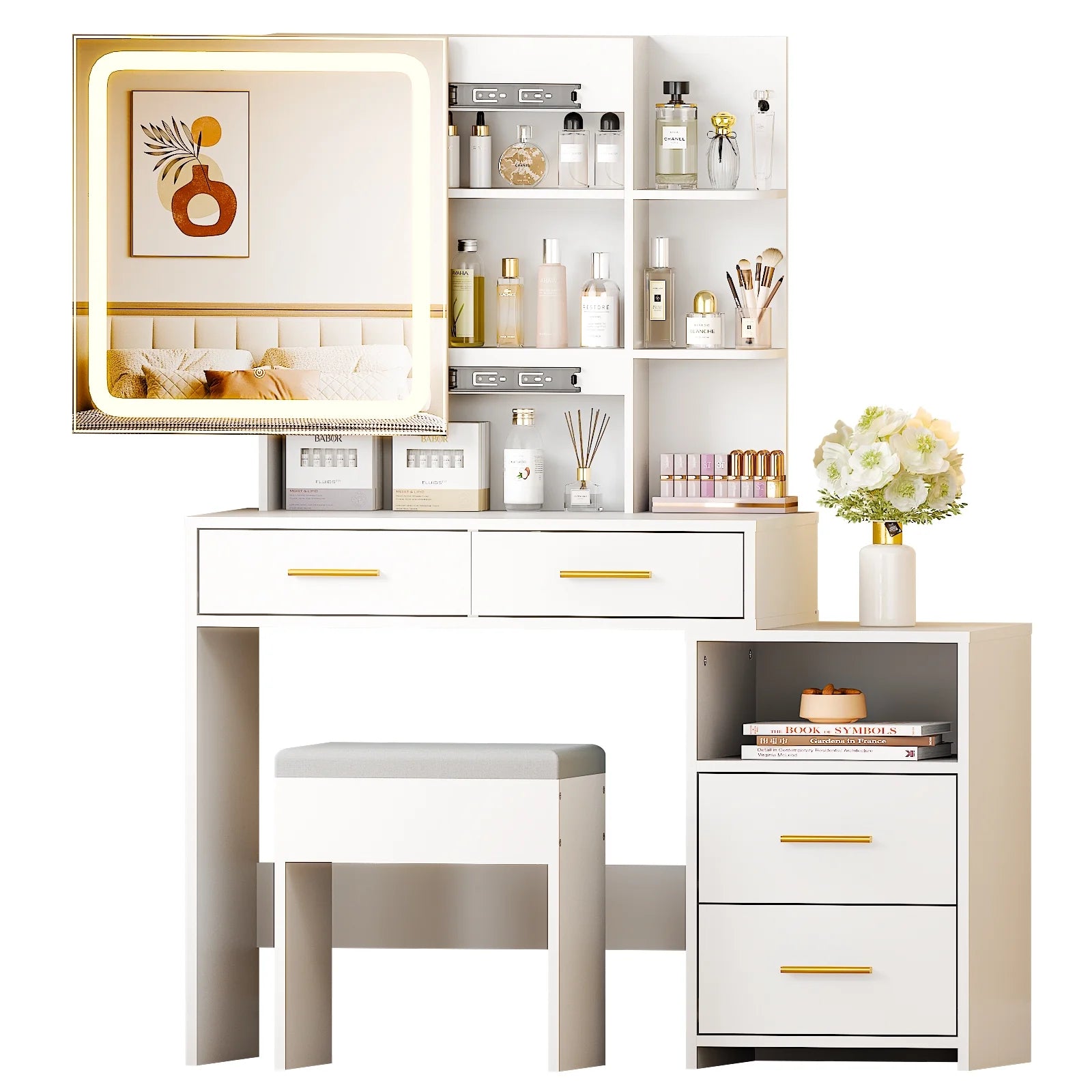 Lighted Makeup Vanity Table Set, Dressing Table with Sliding Mirror, Vanity Desk , White